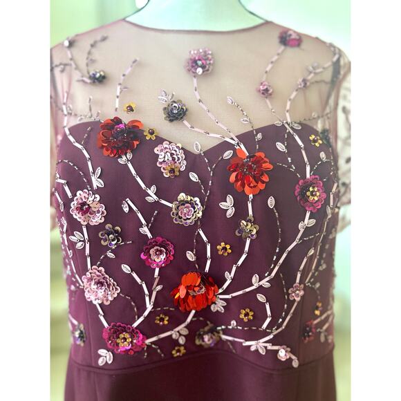 JS Collections Burgundy Red Floral Beaded Illusion Sheath Cocktail Dress - Picture 3 of 10